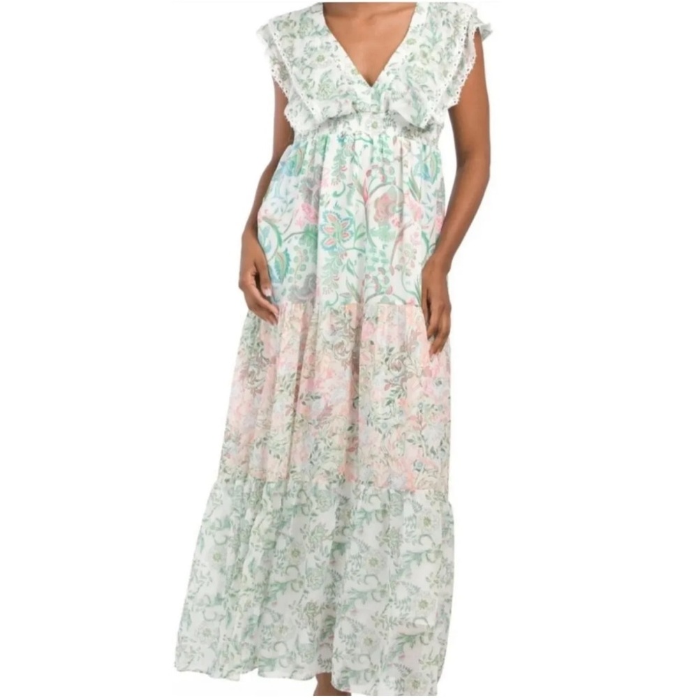 House of Harlow 1960 Like New Floral Pink Green Tiered Boho V-neck Maxi Dress S